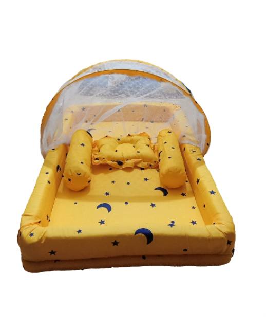 Kasur bayi set kelambu bantal dan guling motip bulan bintang kolam kuning