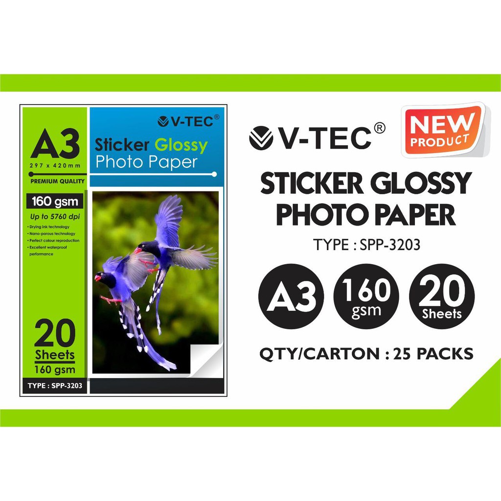 

STICKER GLOSSY PHOTO PAPER A3 V-TEC 160 GSM