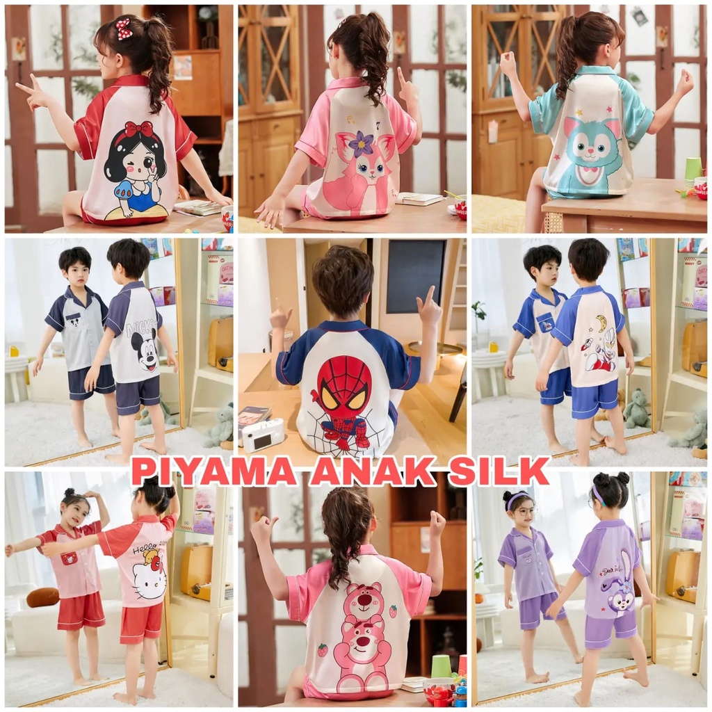 PIYAMA SILK BAJU TIDUR SANTAI ANAK CEWEK COWOK MOTIF FASHION KOREA IMPOR NYAMAN ADEM