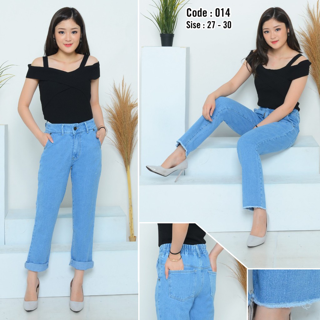 MC girl Celana Jeans Boyfriend Pinggang Karet / Boyfriend Jeans Pinggang Karet