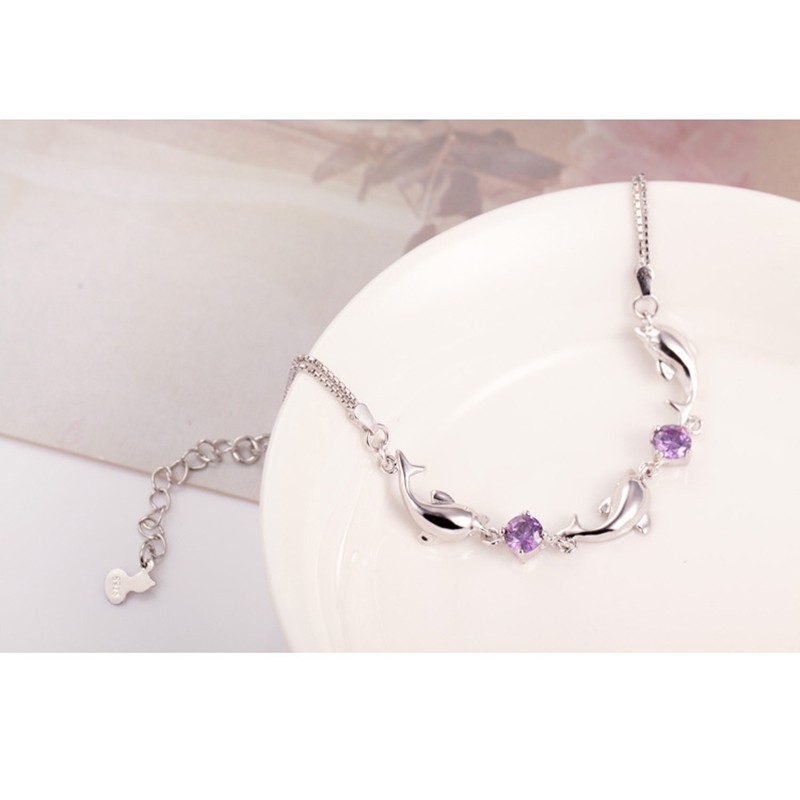 gelang perak 925 asli untuk wanita Perhiasan Fashion Tiga lumba-lumbagelang tangan perempuan