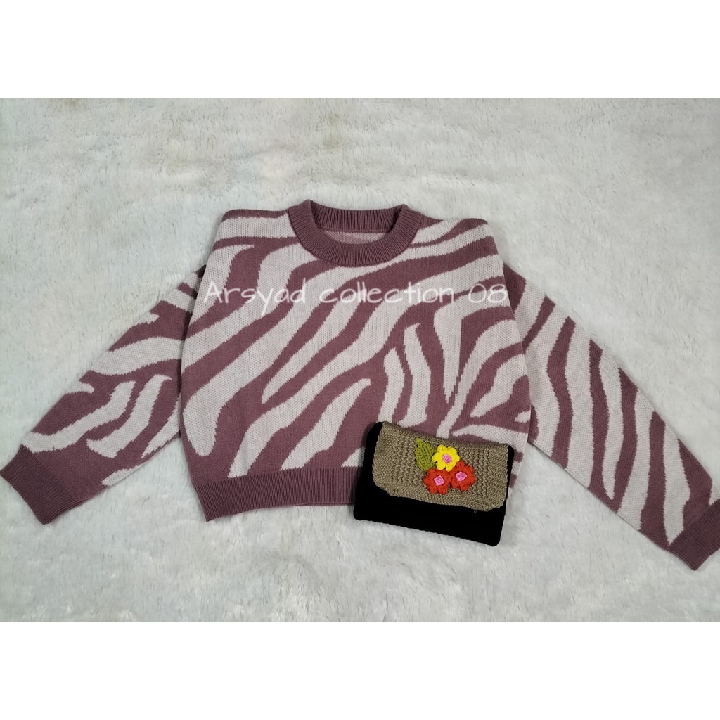 SWEATER RAJUT CROP TOP KNIT MOTIF ZEBRA