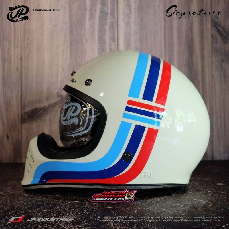 HELM RETRO JP SIGNATURE SG 01 WHITE CREAM GLOSS ORIGINAL HELM RETRO FULL FACE JP SIGNATURE SG01 CREAM WHITE GLOSS ORIGINAL HELM CAKIL FULL FACE JP SIGNATURE CREAM WHITE MOTIF SG01 HELM CAFE RACER HELM KLASIK FULL FACE HELM CAKIL JPX SIGNATURE