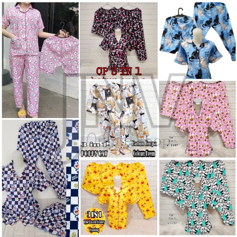 JNV Piyama CP 3in1 Wanita Motif Karakter Kartun 03 - Baju Tidur 3in1 - Bahan Katun-1