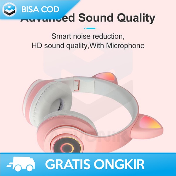 HEADPHONE LUCU HEADSET BLUETOOTH TELINGA KUCING 400MAH 10 METER PINK