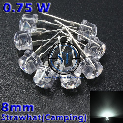 10 pcs LED Putih = Putih 8mm Camping ( StrawHat ) Straw Hat White Lampu Senter CCTV Terang isi 10 Buah