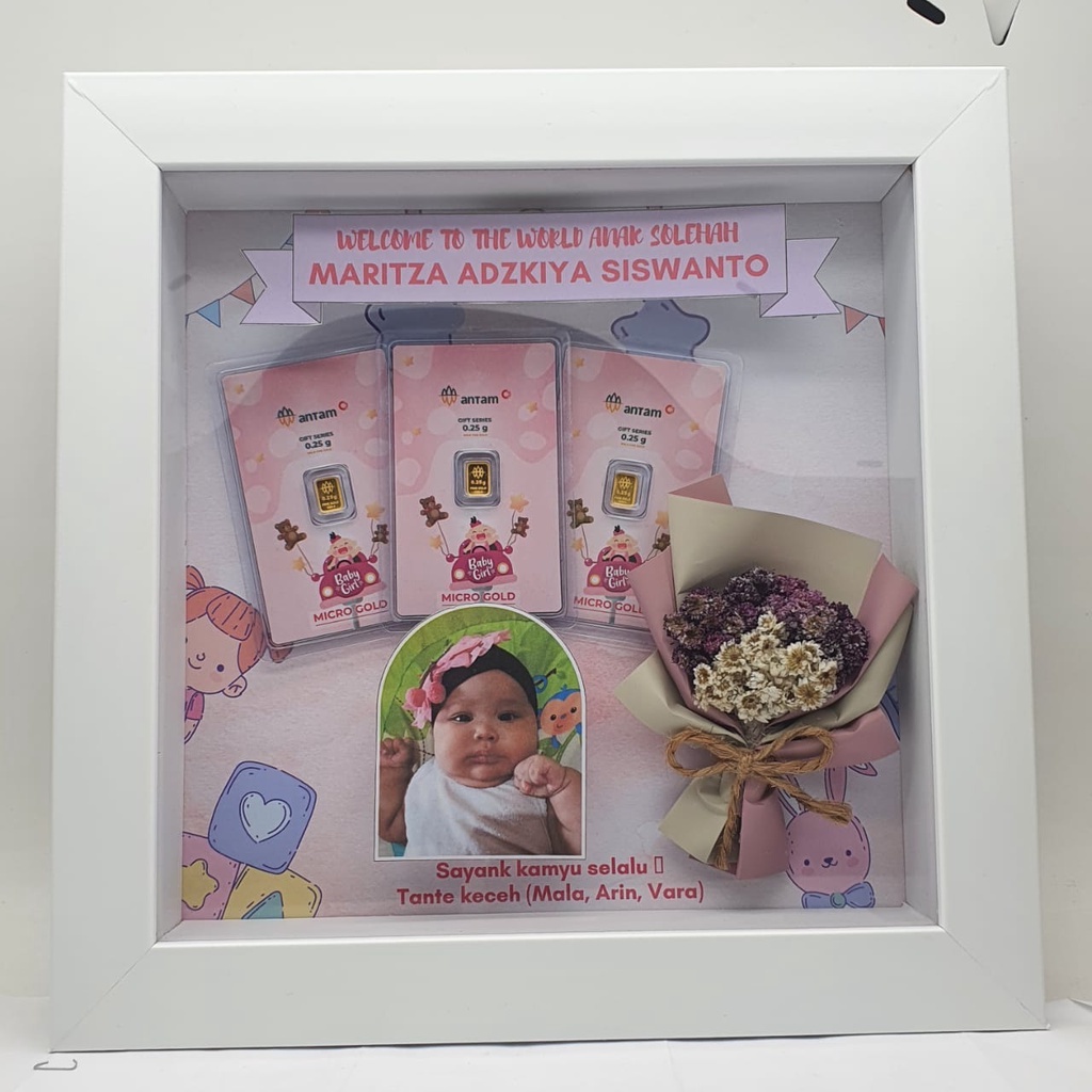 (UKURAN PERSEGI 20X20) HAMPERS Gift CUSTOM Bingkai FRAME Mahar 3D Minigold / Hadiah / Kado Mahar variasi Minigold / Design Frame Birthday Wedding Newborn Baby Graduation (TIDAK TERMASUK EMAS)