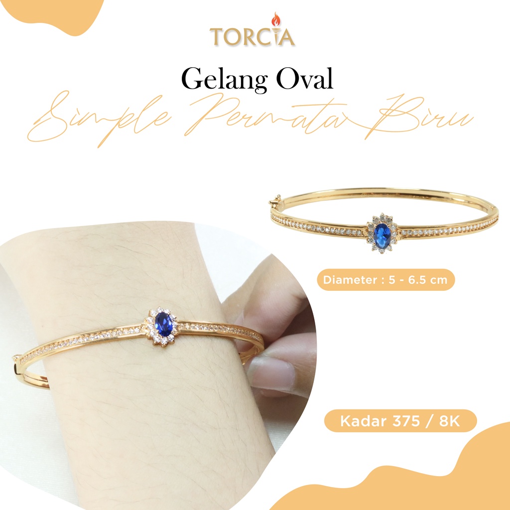 Gelang Oval Emas Asli Simple Permata Biru Kadar 375 Torcia