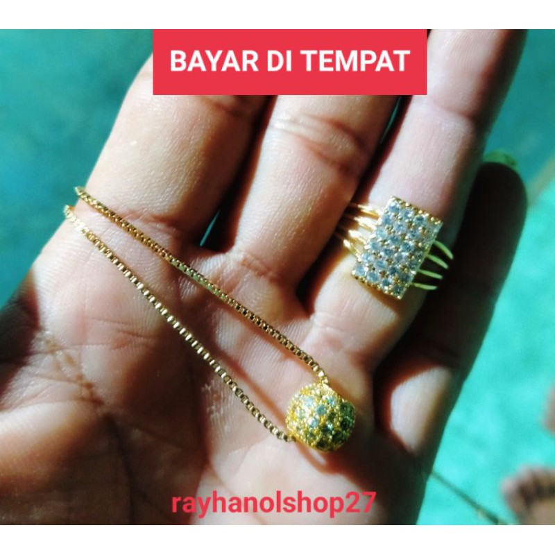 SET Kalung liontin Full permata Free Cincin Plat full permata Cantik lapis emas gold