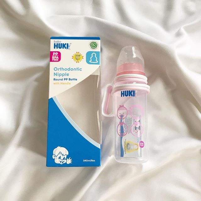 huki orthodontic nipple round pp bottle with handle, botol susu huki