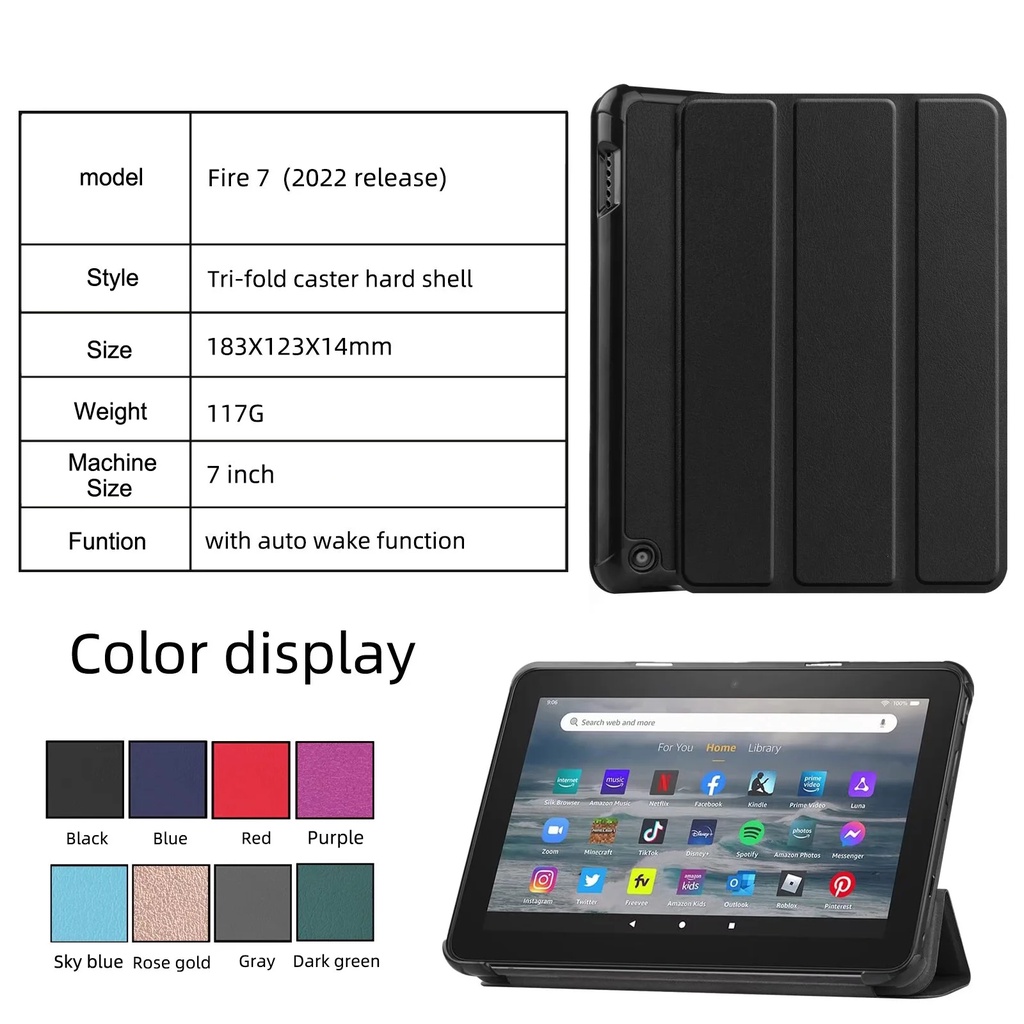 Casing Untuk Amazon Fire7 (2022) 7.0 &quot;Fire7 2022tablet Stand Case Fashion Tiga Lipat Custer Warna Solid Flip Book Holder Leather Cover