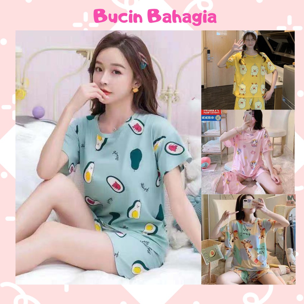 Pajamas Baju Tidur Wanita Piyama Lengan Pendek Import Motif Kartun Lucu BT01