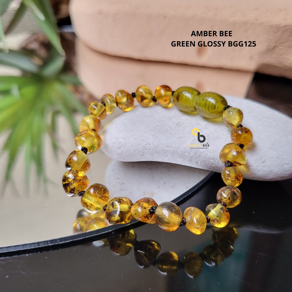 AMBERBEE Set Kalung Gelang Amber Lithuania Bayi &amp; Anak Tumbuh Gigi Premium Glossy Green SNBGG80125