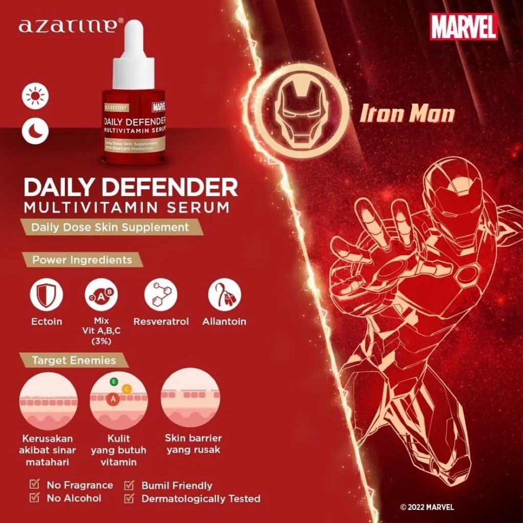 AZARINE Daily Defender Multivitamin Serum Indonesia / Skin Barrier &amp; Hydration Series 20ml / Pelembab Wajah / Superhero Marvel Edition / Skincare Face Care Facial Wash Foam Toner Essence Mist Day Night Eye Cream Sunscreen Mask Moisturizer / Paket Lengkap