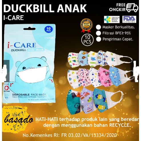 MASKER ANAK 3 PLY ISI 10 PCS DUCKBILL I CARE 3PLY ISI 10 KIDS FACE MASK - KEMENKES,