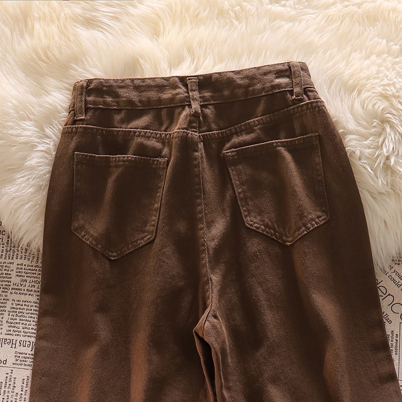 Ukuran Jumbo Jeans Coklat Korean Highwaist Lurus Loose Jeans Wanita Import（realpict）