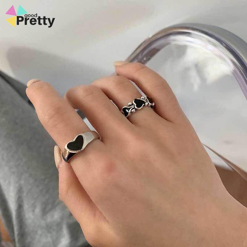 Korea Ins Baru Hip-Hop Hitam Cinta Retro Cincin Gadis Kepribadian Cincin Sederhana - PD