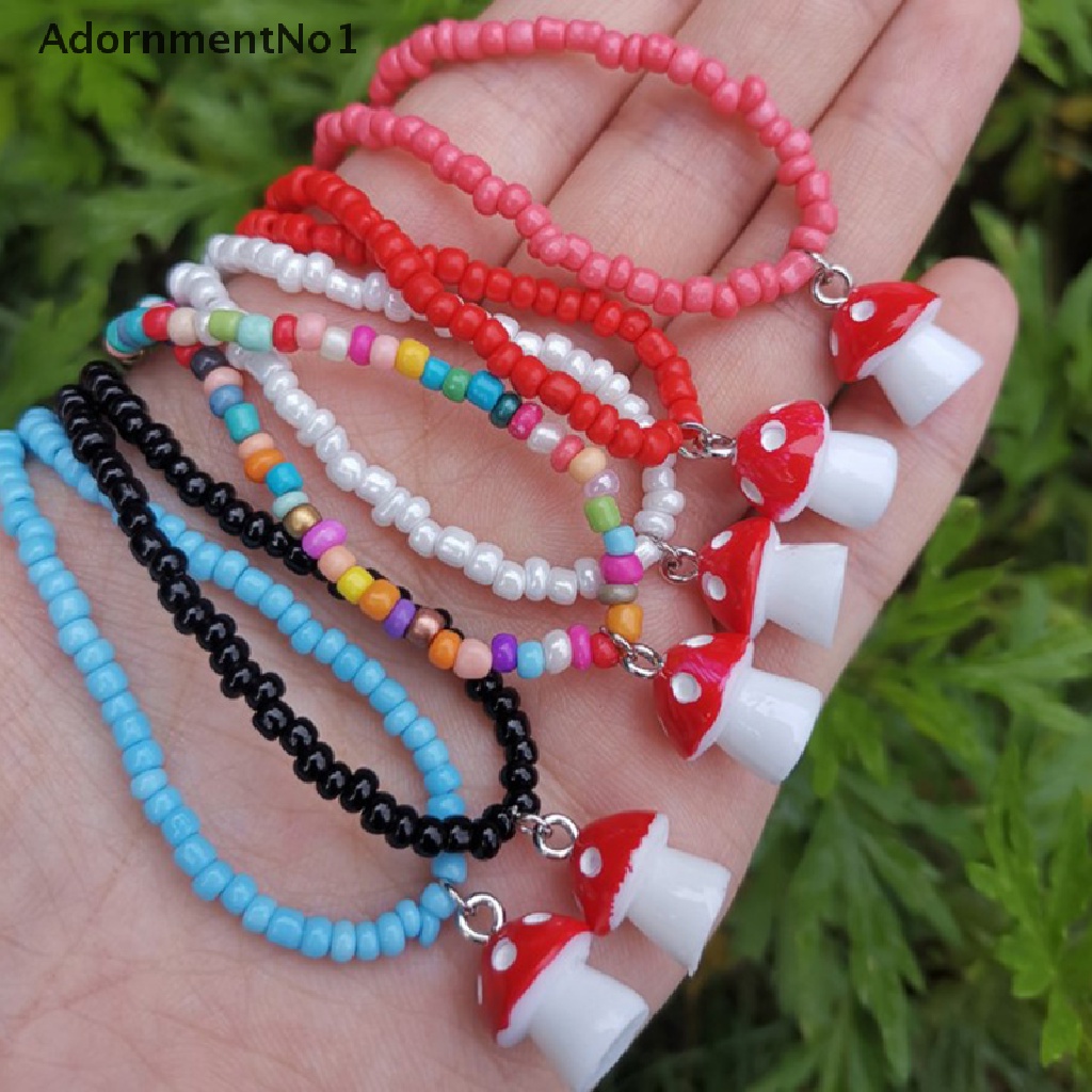 (AdornmentNo1) Kalung Rantai Manik-Manik Liontin Jamur Warna-Warni Handmade Untuk Wanita