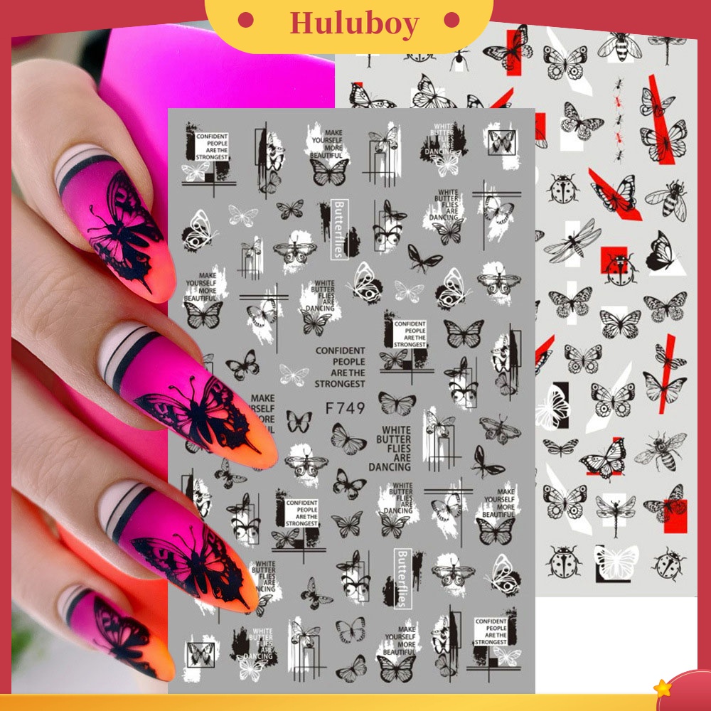 Huluboy Huluboy♡ 2pcs Stiker Kuku 3D Multifungsi Motif Kupu-Kupu Hitam Putih Gaya Punk Retro Untuk Wanita