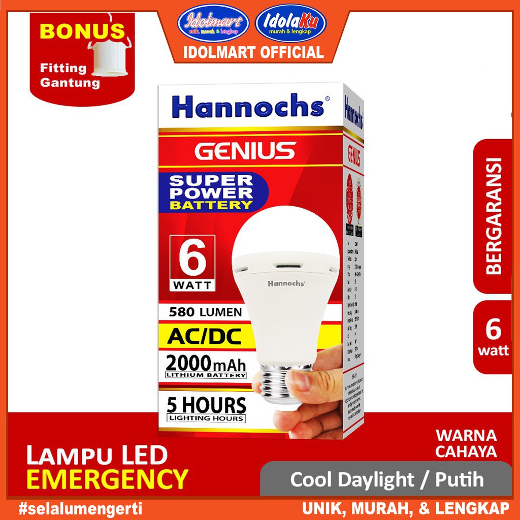 IDOLAKU Hannochs Lampu Emergency Led AC/DC Genius 6 watt cahaya Putih Lampu Darurat Hanoc