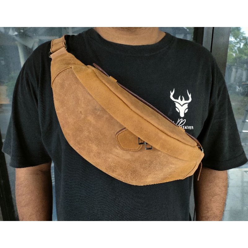 Tas waistbag pria kulit sapi asli crazy horse