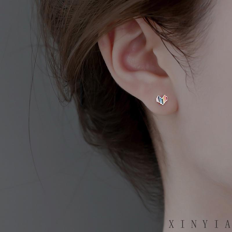 Anting Stud Desain Hati Warna Pelangi Bahan S925 Silver