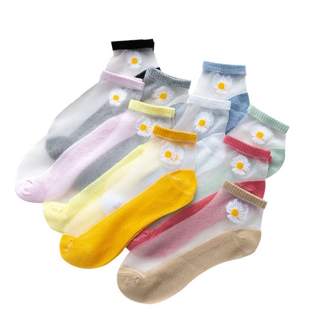 DF KK211 Kaos Kaki Wanita Pendek Motif Bunga Daisy Transparan Socks Korean Fashion