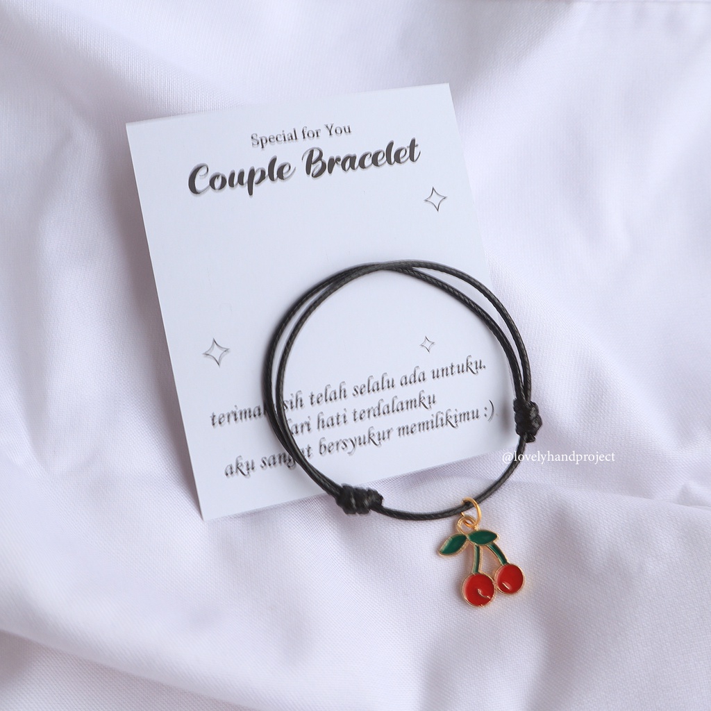 Gelang Couple Cherry &amp; Watermelon Charm Lucu Unik Gratis Kartu Ucapan Bersama Bestie Tali Korea 1,5 mm Waterproof Satin 2mm Lembut Chram Lucu Buah Semangka Kiyowo kawai Manik Cute Lovelyhandproject