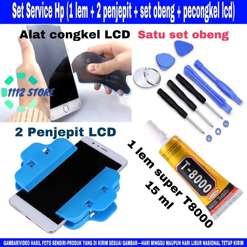 Alat Service hemat congkel LCD SS-028A+Set Obeng 8 in 1+Penjepit LCD 2 Pcs+Lem LCD T8000 15 mili