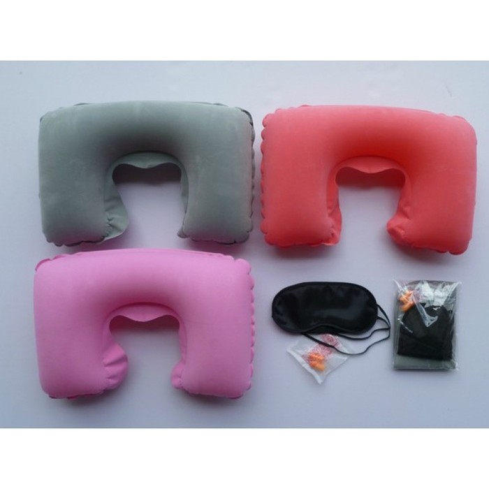 Travel Pillow Bantal Leher Udara Penutup Mata Telinga Untuk Jalan 1set