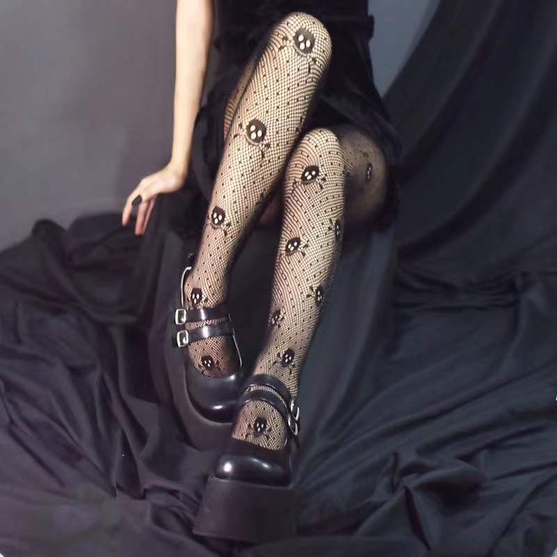 [Goth] Stocking Jaring Wanita Motif Tengkorak Women Fishnet Skull Stocking 8213