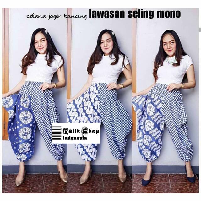 Celana Joger Kancing Lawasan Batik Indigo Monochrome Blue Bawahan Kerja Kantoran Casual Panjang Aladin Seling Biru Klasik Kekinian