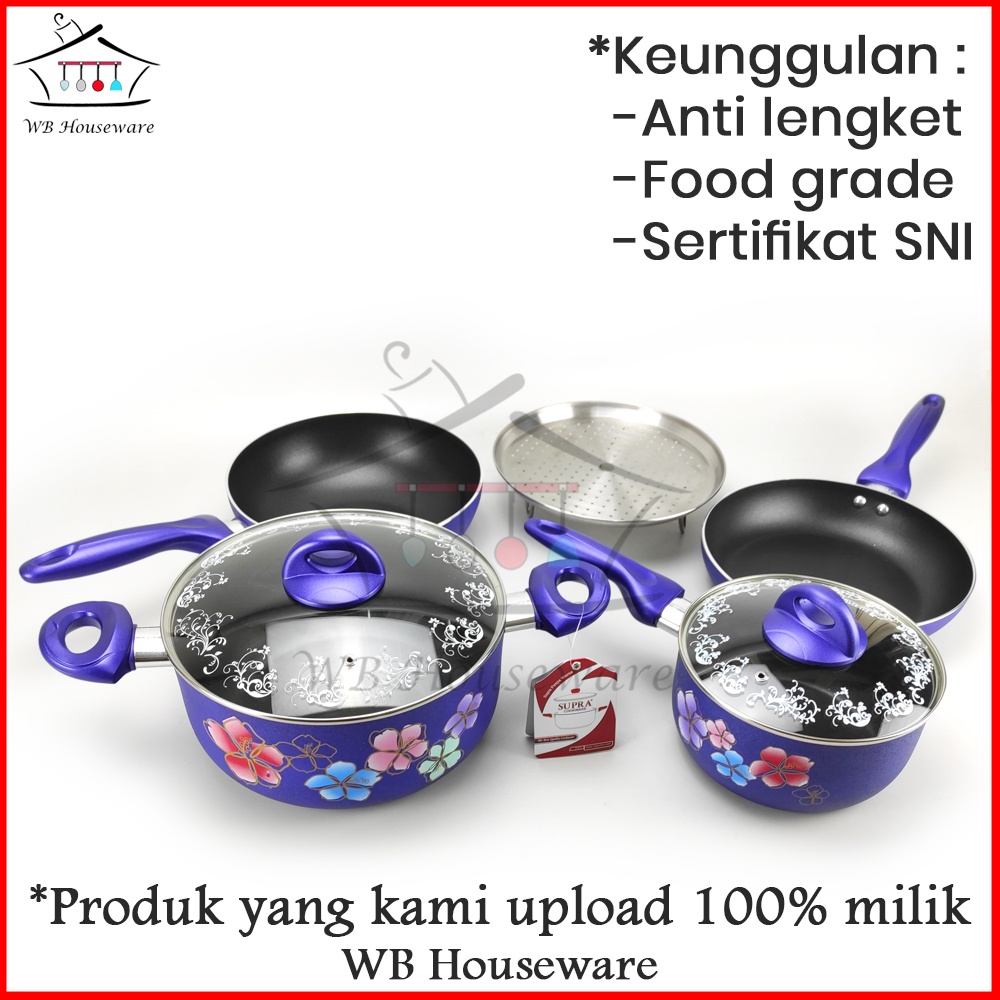 panci set supra anti lengket / 7pcs cookware set supra ice floral blue / wajan penggorengan