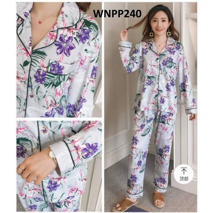 Setelan baju Tidur Lengan Pendek Piyama Wanita Ban u Tidur Wanita Kancing Depan Navy Flower X4M7