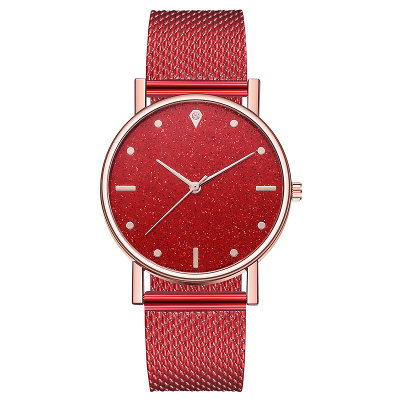 Jam Tangan Gliter Stainless Steel Wanita Quartz Fashion Korean Analog Casual Simple Import-44-5 #8 Merah