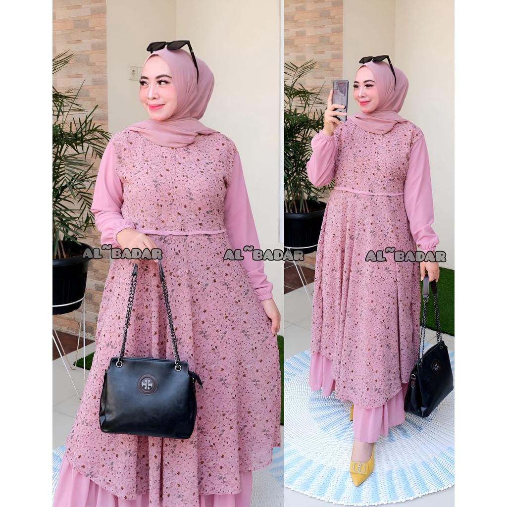 [ BISA COD] GAMIS CERUTY MOTIF KOMBINASI POLOS, DRESS CERUTY BABYDOLL MODEL TERBARU 2021 BY AL BADDAR