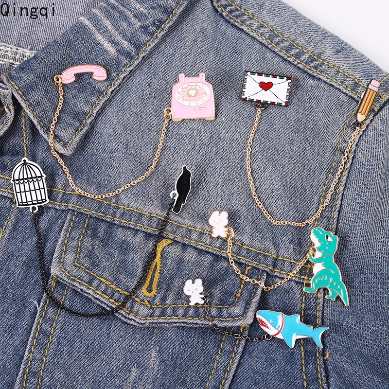 Bros Pin Enamel Bentuk Dinosaurus / Hiu / Burung / Tulisan Love Aksen Rumbai Rantai Untuk Wanita