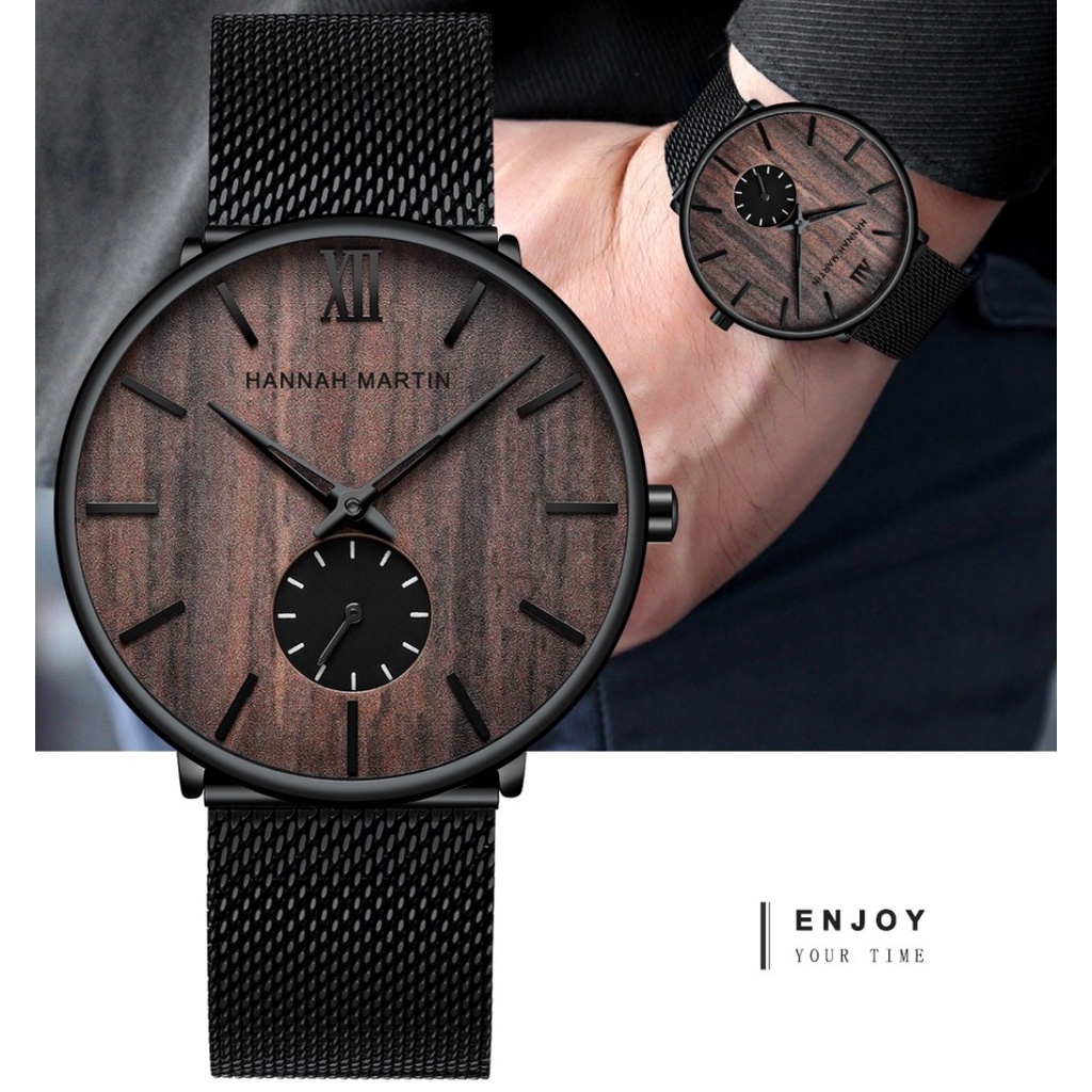 Jam Tangan Pria Kayu Keren Sangat tipis Hannah Martin 100% Original korea fashion Cowok Jam anti air Quartz laki laki Arloji