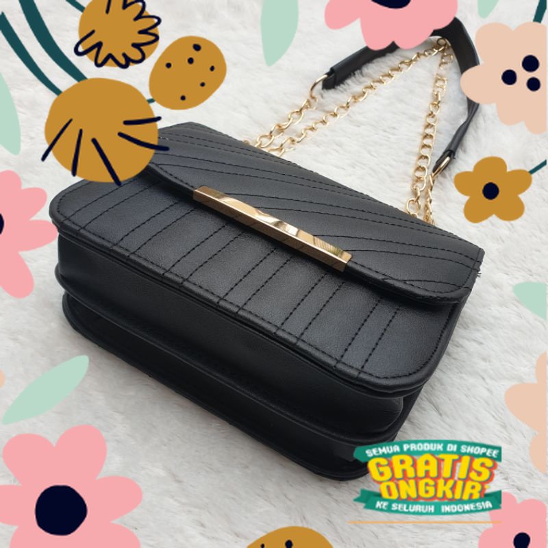 slempang polos black white dop glossy hitam pekat / Slingbag Wanita Enola Embose Tas Selempang Cewek