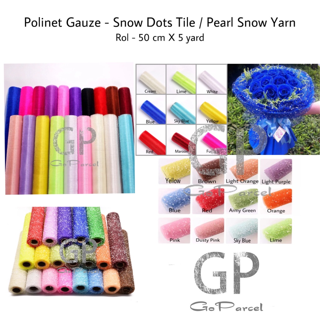 ( Rol 5 Yard ) POLINET GAUZE - SNOW DOTS TILE / PEARL SNOW YARD - FLOWER WRAPPING KAIN SALJU POLOS ZIG ZAG MOTIF - KERTAS RANGKAIAN BUKET BUNGA