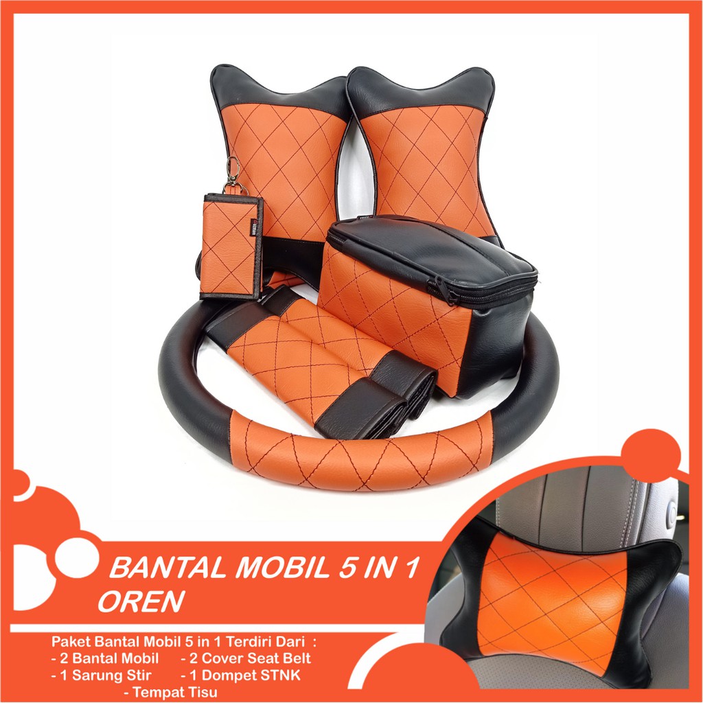 Set Bantal Mobil 5 in 1 Premium Bantal Leher Cover Stir Seatbelt Tempat Tisu Free Dompet STNK