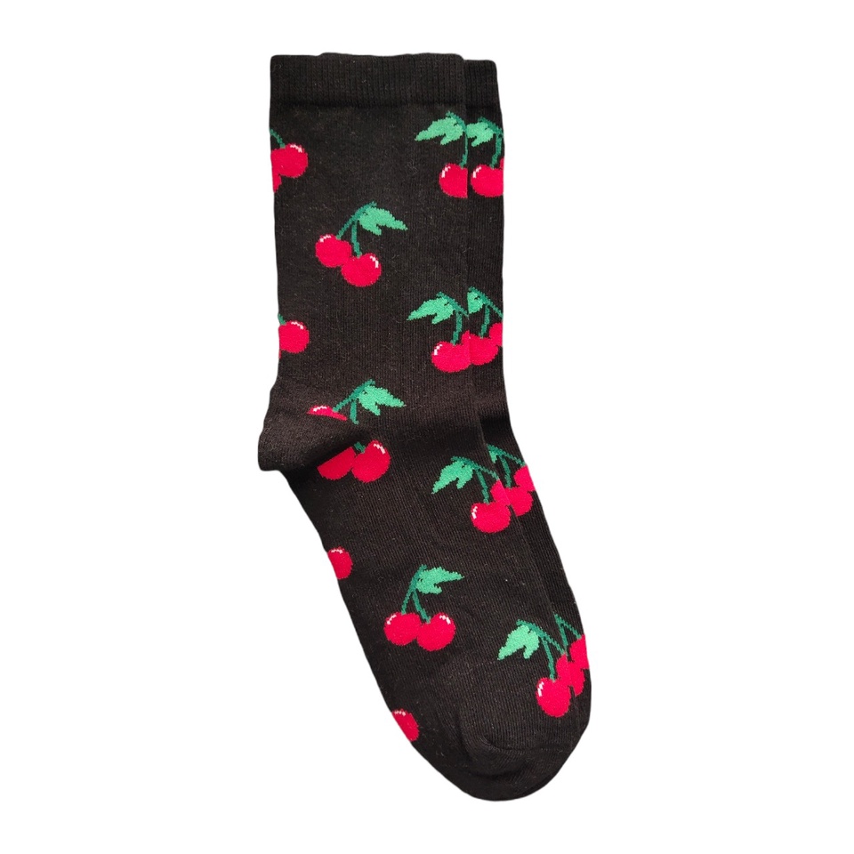 Kaos Kaki Motif Lucu-Lucu / Buah / Snack / Christmas / Snoopy / Leopard BEBAS PILIH (EXPT)-E41 Cherry Black