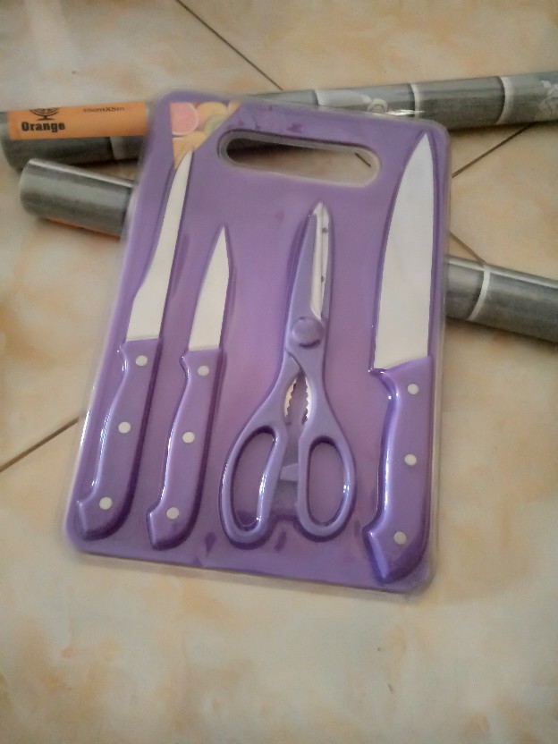 Cod - J2low - Partyhouse -set Pisau Dapur Knife Set 5in1 + Talenan Stainless Pisau Dapur 20cmx30cm