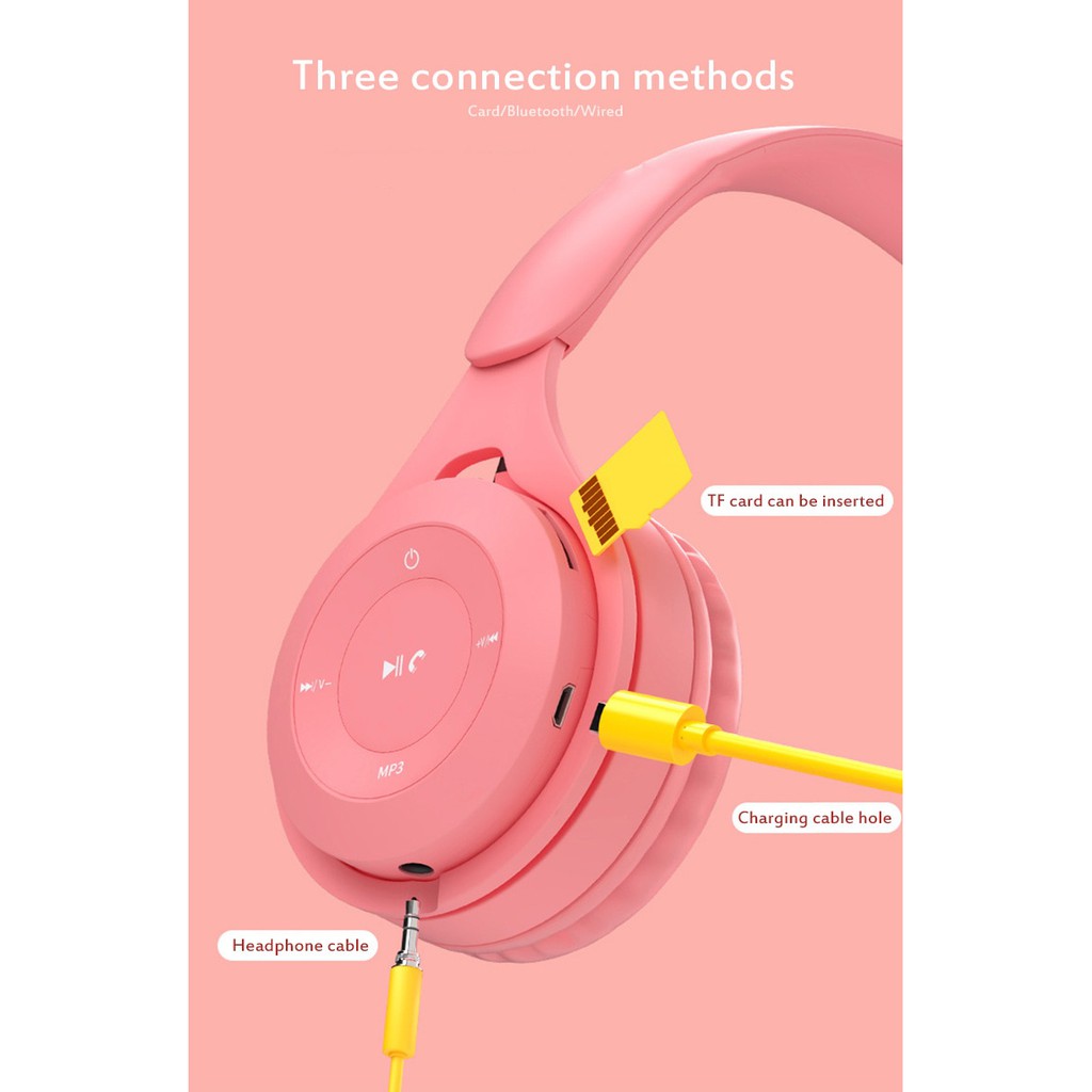 Headphone Gaming Bluetooth + Free Kabel Jack 3.5mm - Headset Wireless Macaron Extra Bass