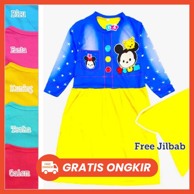 Zhafira kids store - GAMIS ANAK SET HIJAB DEDINA PRINTING 2-10 TAHUN MOTIF KARAKTER GAMIS ANAK TSUM TSUM