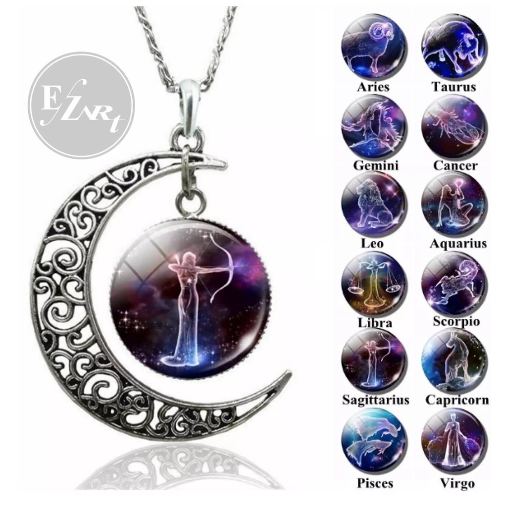 KALUNG ZODIAK LIONTIN BULAN SABIT KACA BULAT CEMBUNG RANTAI STAINLESS STEEL ZODIAC HOROSCOPE