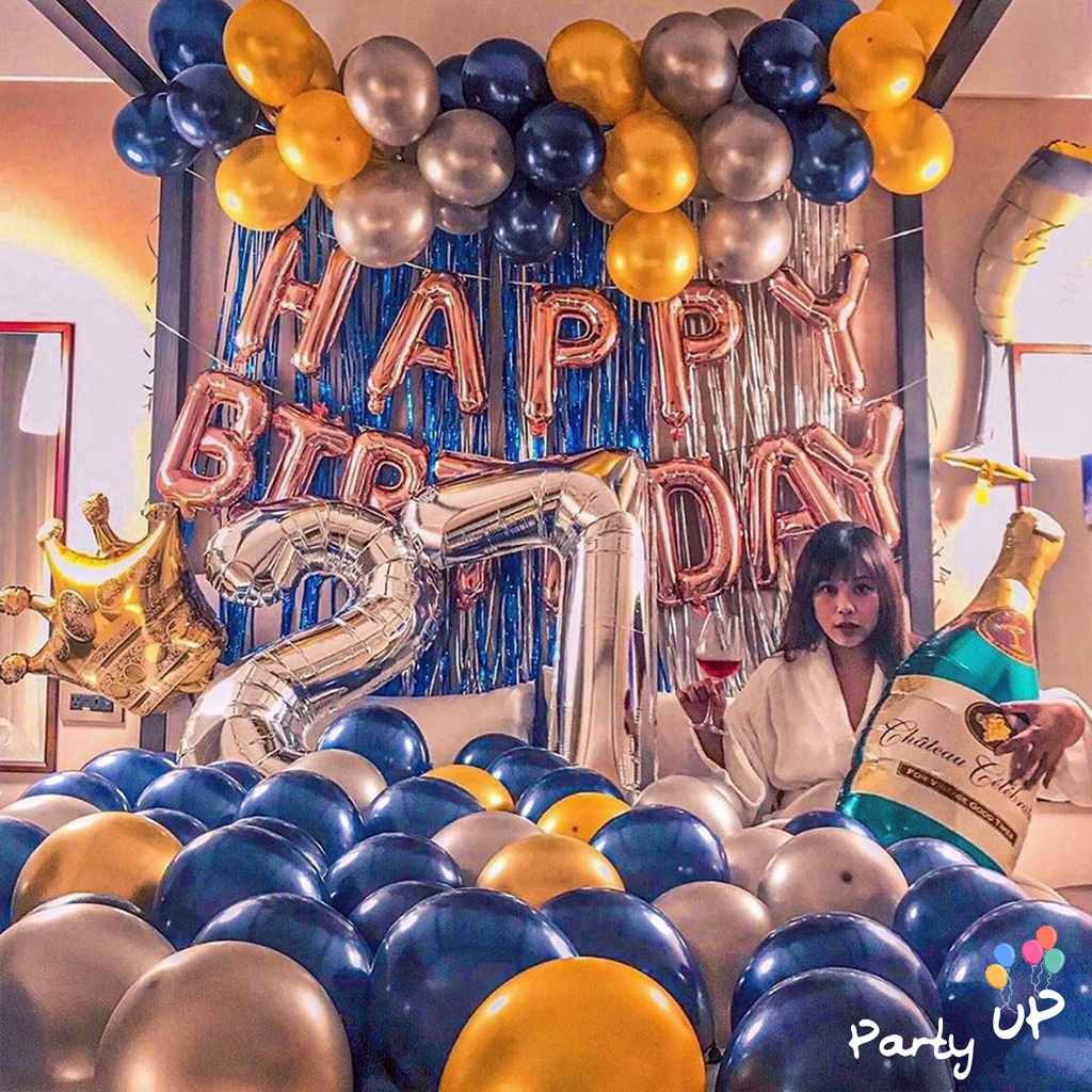 [Paket] Tirai Foil Biru Silver Balon Dekorasi Ulang Tahun Elegan