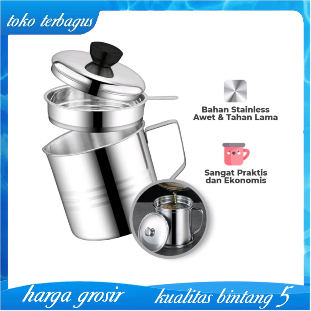 Wadah Minyak Goreng 1.3L Tempat Saringan Oil Pot Stainless Steel