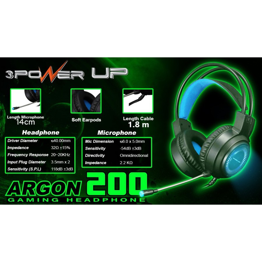 Headphone Gaming Power Up Argon 200 - Headset Gaming