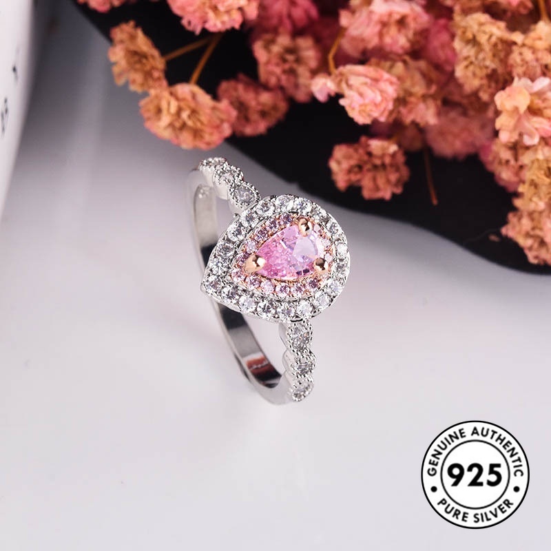 Cincin Sterling Silver 925 Dengan Kristal Model Tetesan Air Warna Pink Untuk Wanita